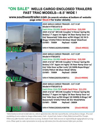 NEW WELLS CARGO FT 8.5' WIDE @ SOUTHWEST TRAILER SALES (760) 788-8900 1