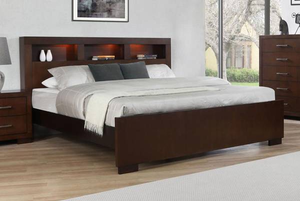 Queen Bedframe with Bookcase Headboard and LED Lights. 1
