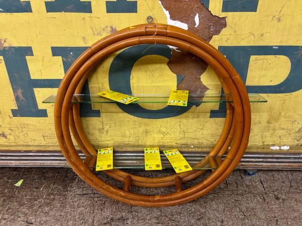 MCM Circular Rattan Bamboo Wall Skeleton Shelf 2 W/ Glass Tiers Bent Rattan Circ 1