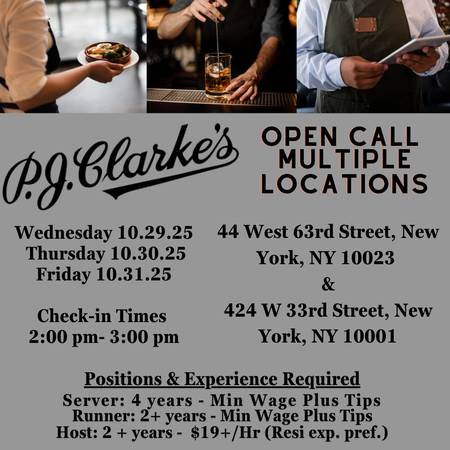 PJ Clarkes hiring for multiple locations Join this week  FOH Staff 1