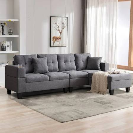 Grey Linen 4 Seater Sectional Sofa with Ottoman 1