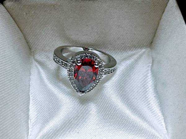 TEARDROP RED FACE RING WITH LAB SIMULATED RUBY & DIAMONDS 925 STERLING 1