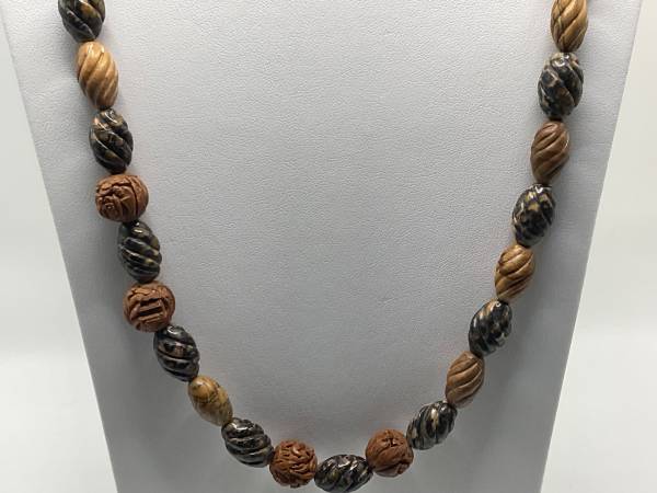 Leopard skin Jasper Yellow Jasper & Wood Carved Prayer Bead Necklace 1