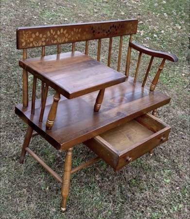 Antique Wood Hitchcock Style Phone Table Gossip Bench With Drawer 1