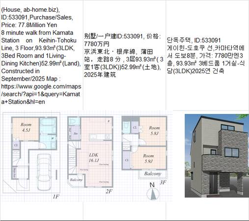 Price:  Yen77,800,000(House, ab-home.biz ),Kamata Station蒲田车站,카마타 1