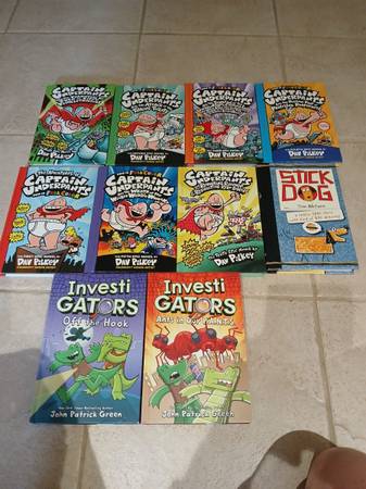 10 hardcovers - 7 CAPTAIN UNDERPANTS / 2 INVESTIGATORS/STICK DOG 1