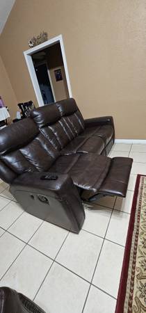 2 leather faux recliners sofas and 1 recliner 1