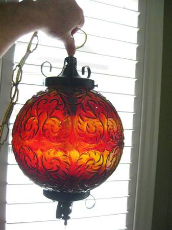 Vintage Mid Century Red Amber Glass Globe Hanging Swag Lamp 1