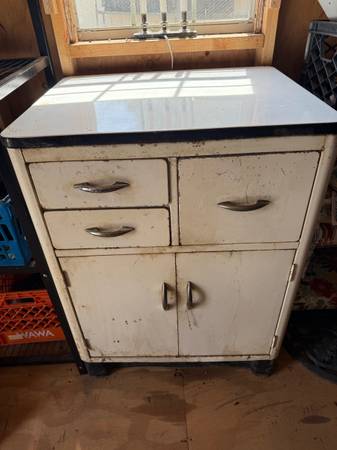 Vintage 1940s Metal Kitchen Cabinet with Porcelain Top Vintage