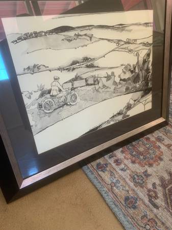 Original Pen & Ink Plus Watercolor Motorcyclist Framed 1