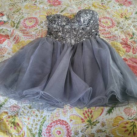 Cindy Collection Strapless Gray Tulle Prom Formal Mini Dress Size M 1