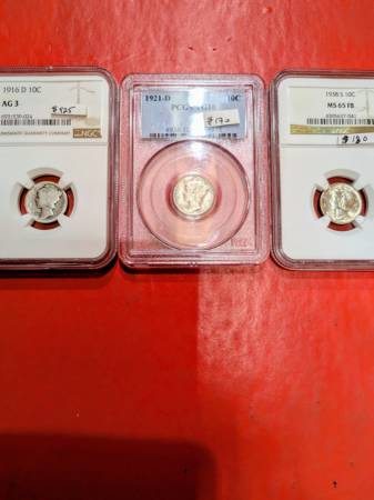 Rare Mercury dimes, 1916 D, 1921 D, 1938 S  all certified nice 1