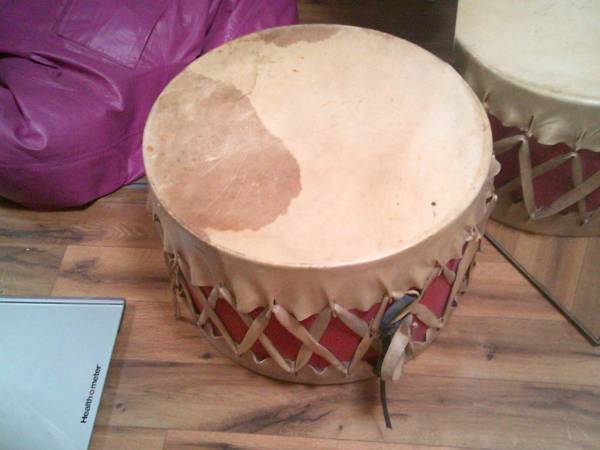 LARGE RAWHIDE AND LEATHER DRUM 1