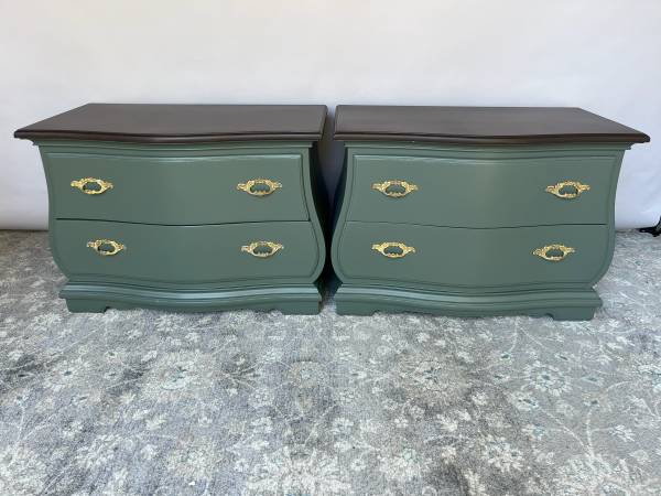 Refinished Bombe Nightstand Pair – Pewter Green, Walnut Tops, Gold Pulls 1