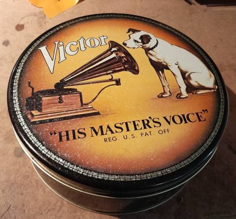 Rca victor his masters voice nipper metal tin can with lid 1