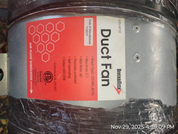 DiversiTech 10" Duct Fan Light Use 650CFM only uses 60W 1