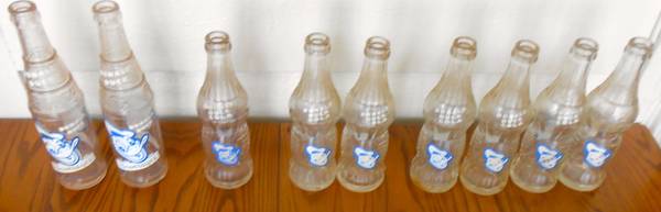 9 DONALD DUCK Cola +Beverage SODA Bottles 1953 1954 Two Sizes 7+10 Oz 1