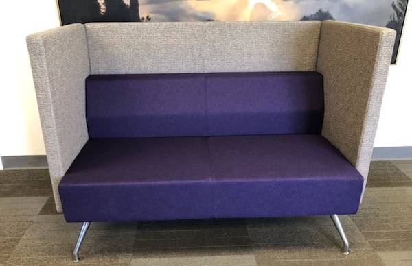 2 Used Kimball Pairing Privacy Sofas, Purple Fabric, Gray Fabric 1