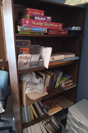 book shelf, 5 shelves- games, books 1