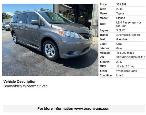 2014 TOYOTA SIENNA WHEELCHAIR VAN, BRAUNABILITY, ONE OWNER - $29,999 (Seekonk MA , Platinum BraunAbility Dealer)63623750962433121