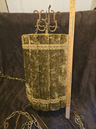 Avocado Green Crushed Velvet Drum Swag Lamp 60s/70s Vintage 1