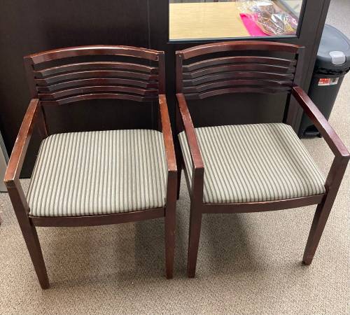 2 Office Waiting Area Arm Side Chairs Oak Wood Brown Stripe 1