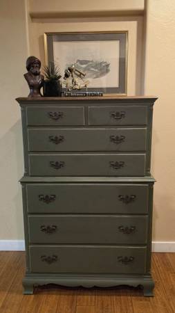 Newly Refinished Dark Green Tall Dresser W/ Stained Top 1