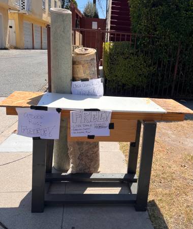 Free work bench, firepit&equip, nice 8x10 outdoor rug, nice 3x4ish rug 1