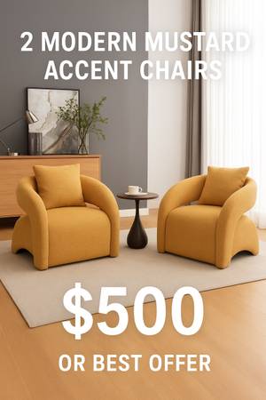 🔥 FOR SALE: 2 Modern Mustard Accent Chairs – $500 OBO 🔥 1