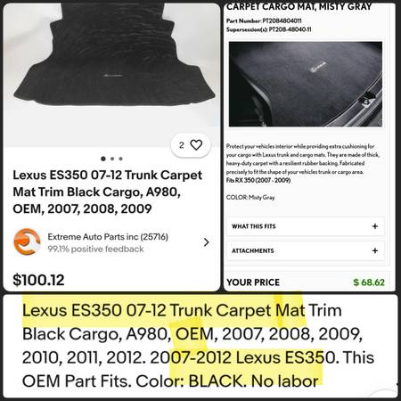 OEM Lexus ES350 trunk carpet mat 1