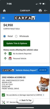 2002 Honda Accord  EX 4dr Sedan - $3,495 (¡¡SE ACEPTAN CAMBIOS!!)63618455072003122