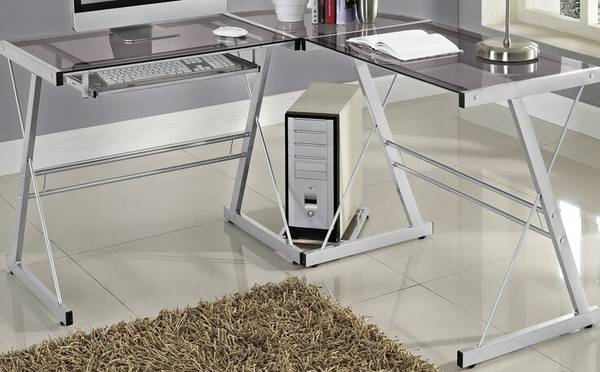 office L shaped metal desk glasstop 1