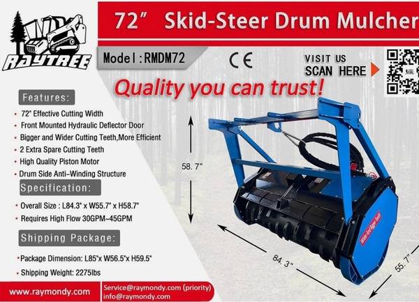 72in Raytree high flow Drum mulching head for Skid Steer 1