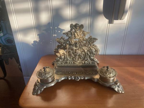 Antique solid brass stationary holder w/ink wells 1
