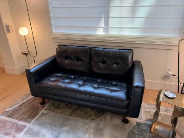 Sofa, black leather, Scandinavian Designs Turner Loveseat, mid-century modern 1