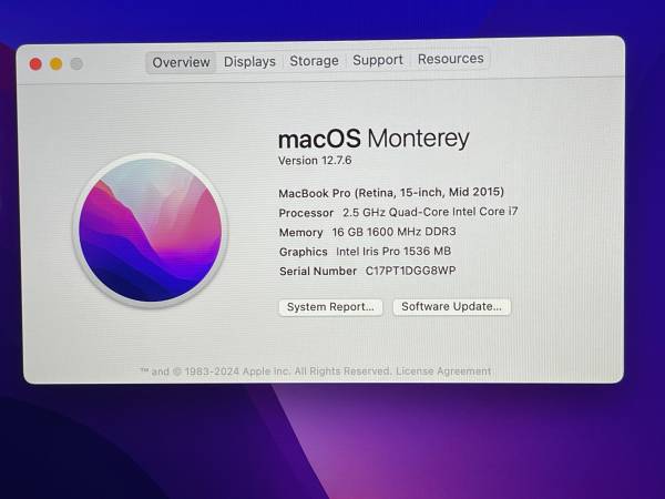 MACBOOK  PRO  15"  A1398   RETINA   INTEL   4   CORE  I7    2.5 GHZ 1