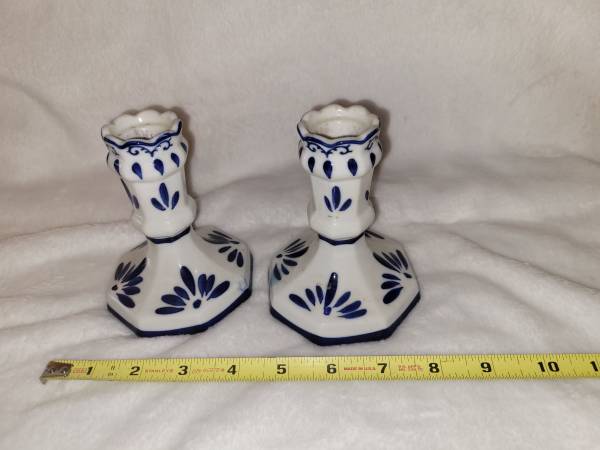 Elegant porcelain candlestick holders in a classic blue and white floral 1