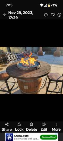 Wine barrel fire pit table with 4 industrial Starbucks barstools - $1,400 (Tracy)63471027645313122