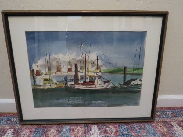 Large Framed Original Watercolor Sailboats Ocean Scene 1