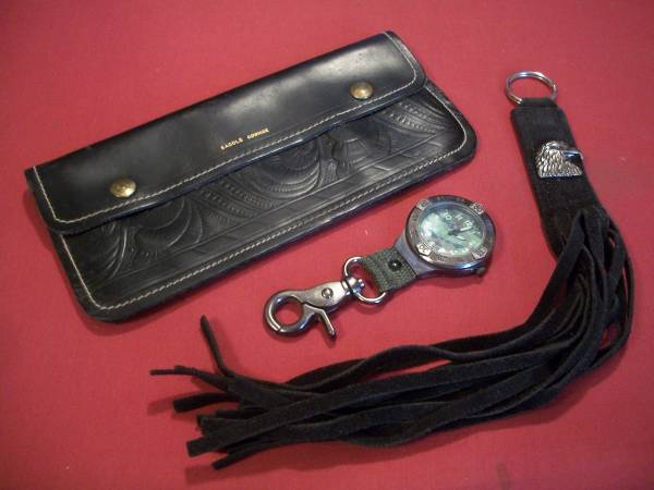 Motorcycle Accessory Lot of Leather Wallet, Watch & Key Chain Fob 1