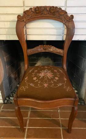 Vintage Chair Carved Rose Back Needlepoint Seat 1