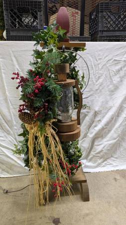 Decorated Wooden Lantern Lights up Sturdy Wooden Post & Base 1