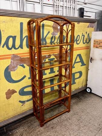 Mid-Century Modern Bamboo Shelving Unit – Glass Shelves – Tiki Style, rattan 1