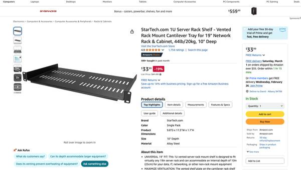 StarTech.com 1U Server Rack Shelf 1