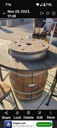 Wine barrel fire pit table with 4 industrial Starbucks barstools - $1,400 (Tracy)63471027645313124