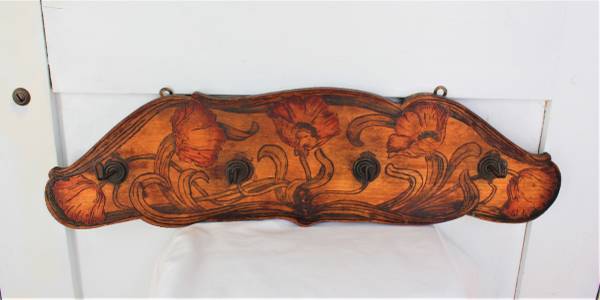 Antique Art Nouveau Pyrography - Wooden Hat/Clothes Rack- Poppy Design 1