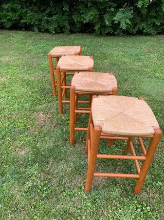 Vintage MCM Oak and rush bar stools 1