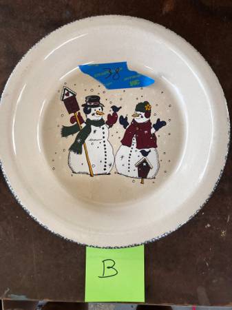 Round white Mr. and Mrs. Snowman plate 1