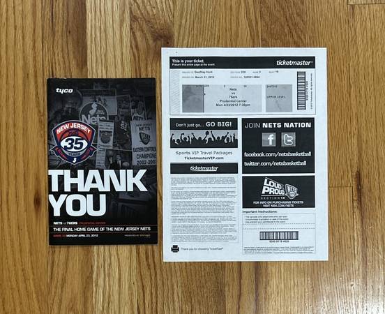 NEW JERSEY NETS FINAL NJ HOME GAME TICKET & OFFICIAL PROGRAM 4/23/12 1