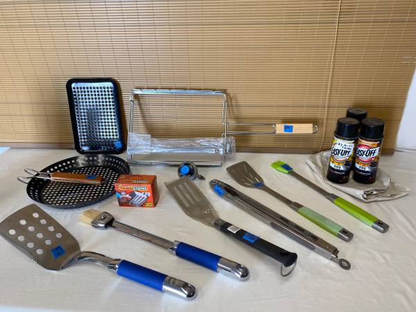 BBQ items: grill stone, EasyOff grill cleaner, tongs, skewer racks 1